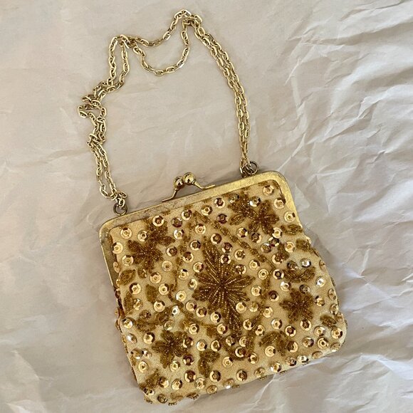 Vintage Gold Sequined Evening Bag with Metal Chain Strap - Picture 2 of 5